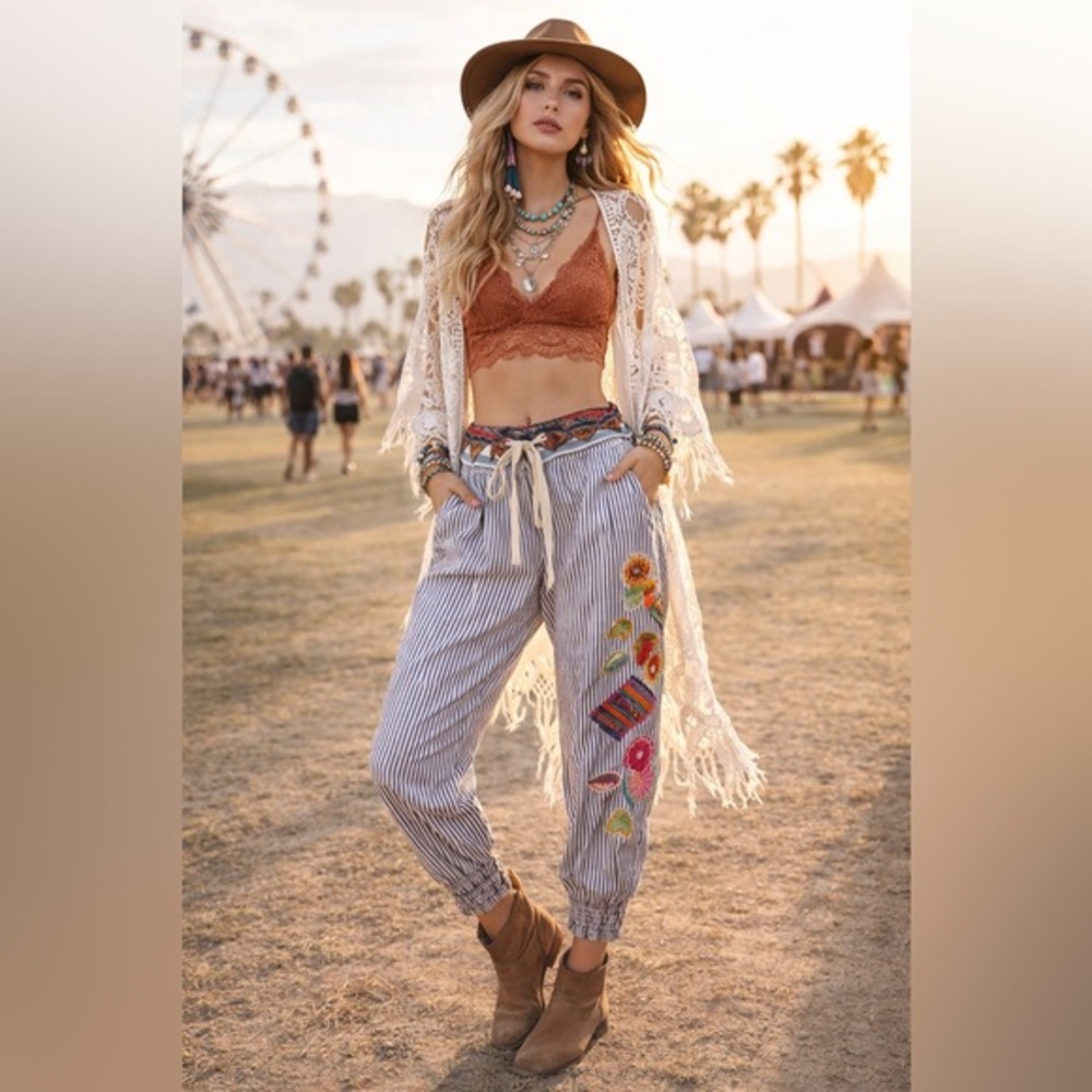 Desigual Boho Embroidered Patch Striped Jogger Pants Size 30 Festival Art Pants